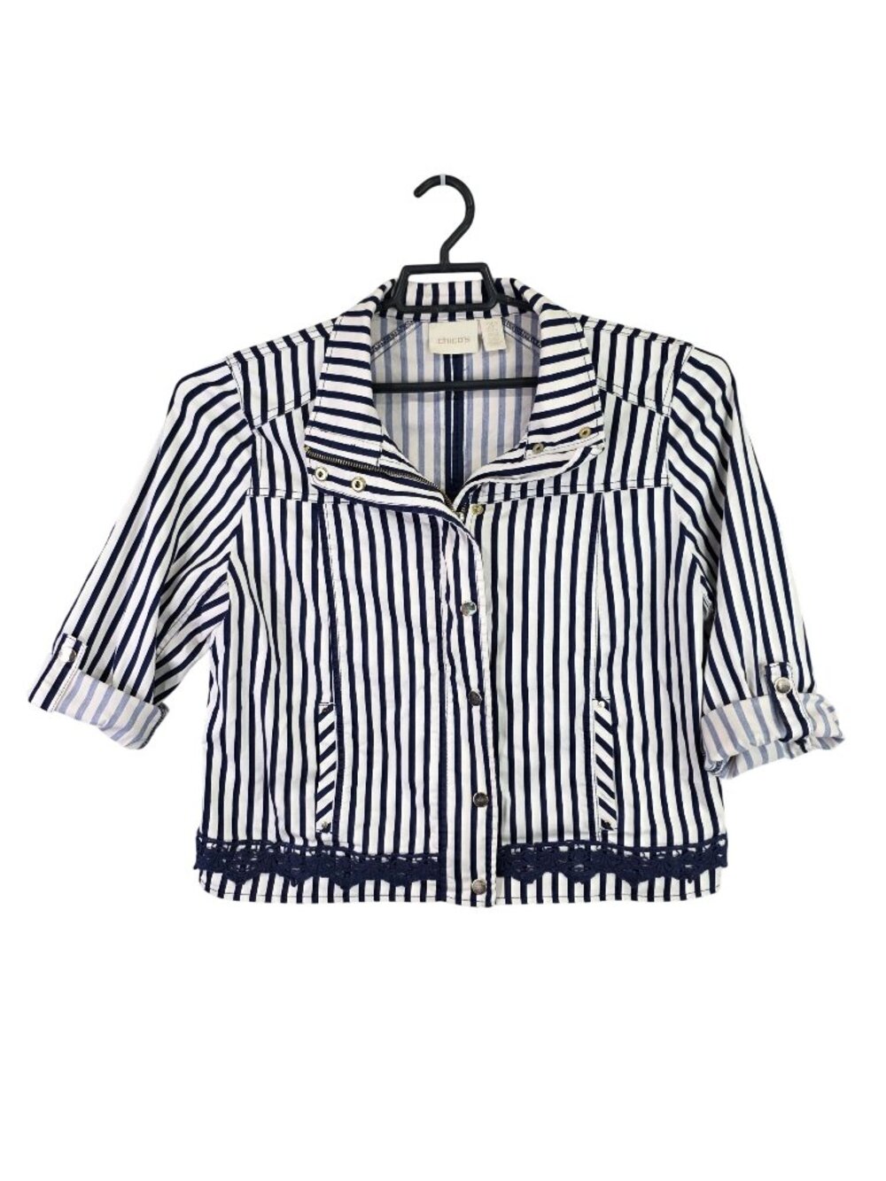 Womens Chico's Petite Navy White Striped Full Zip Cropped Jacket Lace Hem 2P